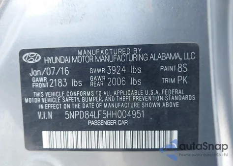 2017 Hyundai Elantra Se z USA, uszkodzony, nr VIN 5NPD84LF5HH004951